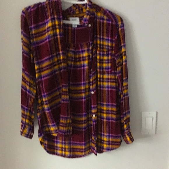 Deep purple, red and yellow button up flannel - Picture 1 of 2